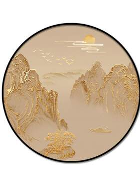 新中式玄关挂画金箔画圆形山水画