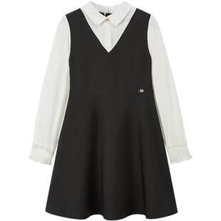 eland kids衣恋童装女童连衣裙春秋休闲学院风花苞袖假两件裙子