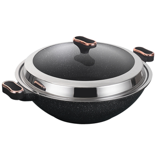 麦饭石双耳不粘锅炒锅平底大号炒菜锅轻便无油烟燃气电磁炉专用锅