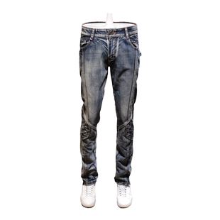 ins超火的裤子男秋冬复古拼接牛仔裤男修身直筒欧洲站个性长裤潮
