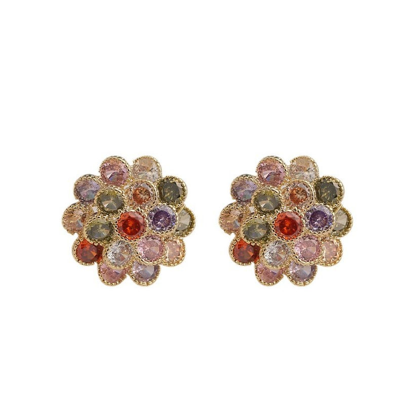 轻奢时尚锆石花朵耳钉S925银针气质设计感精致重工立体彩锆耳饰潮