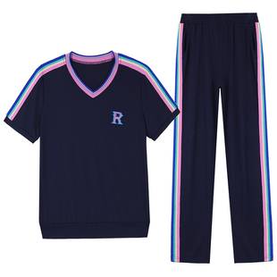纯棉V领运动服套装女2026夏季妈妈显瘦减龄七分或长裤休闲两件套