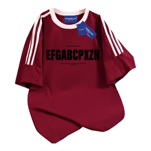 纯棉美式复古字母印花短袖t恤女夏季设计感小众宽松三条杠上衣潮