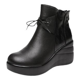 坡跟厚底真皮短靴女秋冬新品圆头高跟加绒女靴软底舒适女鞋皮鞋