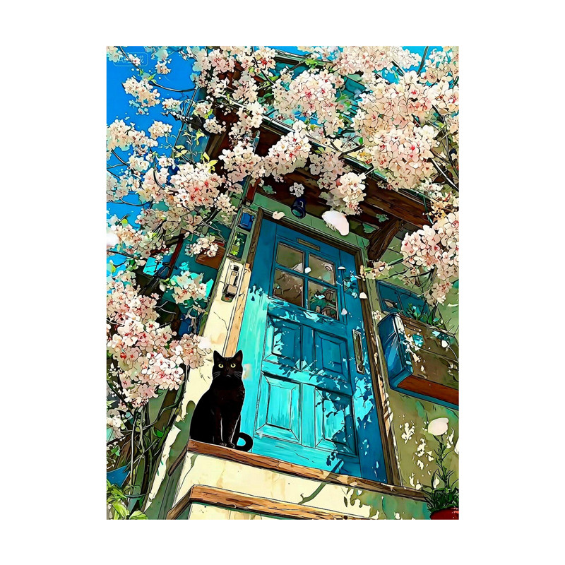 门前樱花树下小黑猫钻石画十字绣