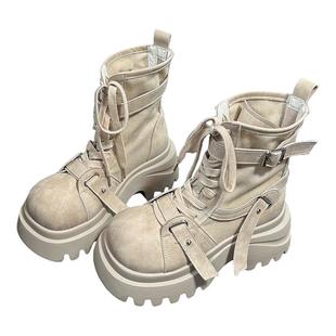 欧货真皮牛仔布大头松糕厚底马丁靴女2026新款小个子增高机车短靴