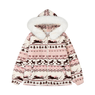 Amoeba美式复古费尔岛可拆卸毛领连帽羊羔毛夹棉加厚棉衣外套棉服