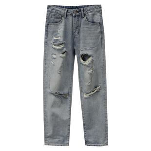 破洞乞丐牛仔裤男2026新款宽松直筒美式高街潮牌男款痞帅重磅裤子