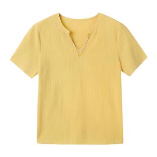 采多宝大码女装V领金属链条装饰亲肤透气t恤胖mm独特漂亮初夏上衣