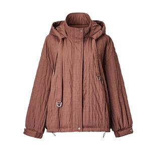 颜域复古短款棉服女款冬季2025新款砖红色休闲外套立领连帽棉衣女