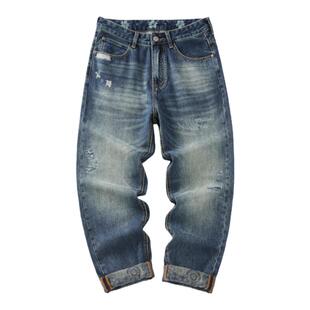2025秋季破洞牛仔裤男宽松潮牌大码锥形裤男生水洗休闲哈伦裤春秋