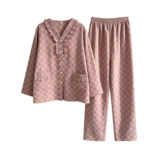大码家居服200斤女中老年妈妈全棉双层纱睡衣春秋款纯棉宽松套装