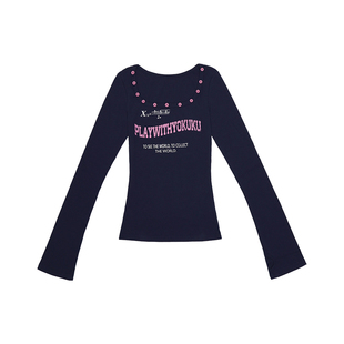 哟酷酷（浪漫方程式）新品小众设计款大U领上衣字母印花长袖T恤女