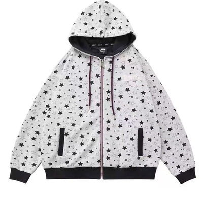 美式复古星星满印灰色连帽卫衣