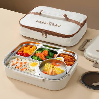 大容量带盖五格带汤碗不锈钢分隔餐盒可上班族保温304饭盒微波炉