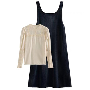 孕妇装小众春秋装套装2026新款时尚背带裙宽松大码条纹衬衫蕾丝衫