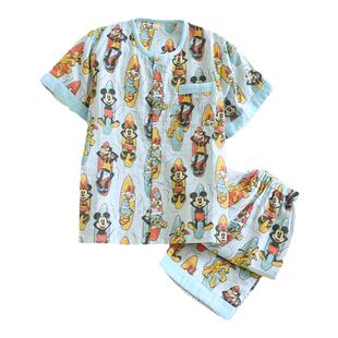 迪士尼夏季儿童纯棉纱布薄款米奇男童圆领短袖睡衣透气宝宝家居服