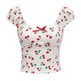 Go Girl Go 自制欧美甜辣樱桃印花短袖T恤女夏季修身一字领上衣