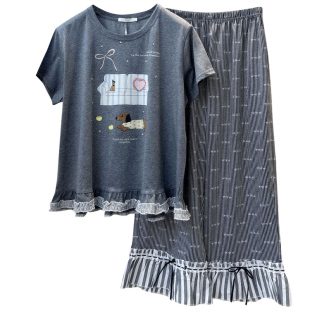Gill Aimar小熊家睡衣女款夏季短袖条纹八分裤沙发家居服套装8545
