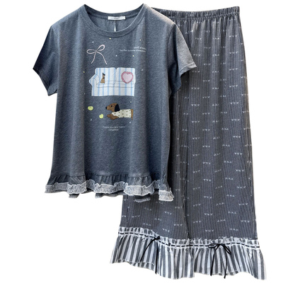 夏季女短袖长裤花边睡衣套装