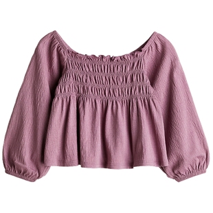 HM童装儿童女童T恤春季礼服简约柔软舒适休闲缩褶长袖上衣1237466