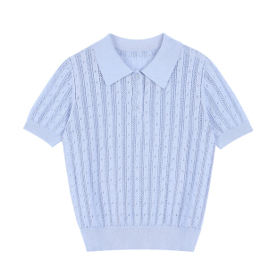 pusumede巴黎假日 复古polo领镂空针织短袖T恤女修身百搭正肩上衣