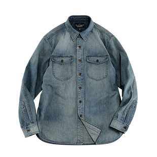 西里布美式经典复古牛仔衬衫男款休闲重工水洗做旧工装衬衣非rrl