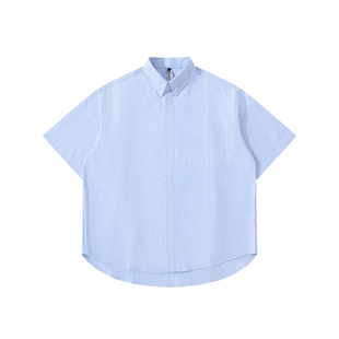 wtmp夏季日系复古蓝条纹短袖衬衫男女潮牌宽松休闲小香风质感衬衣