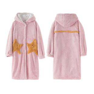 海之宁情侣珊瑚绒睡袍女长款睡衣男加绒加厚法兰绒家居服小个子冬