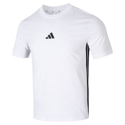 阿迪达斯短袖男夏季新款三条纹白色运动服半袖透气纯棉T恤JY8563