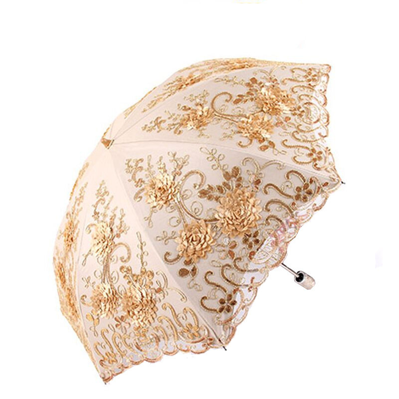 双层太阳伞女防晒二折遮阳伞防紫外线蕾丝刺绣晴雨两用小洋伞公主