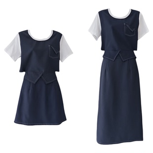 Kerry 【睿智老钱】假两件T恤上衣+半身短裙套装女夏季穿搭一整套