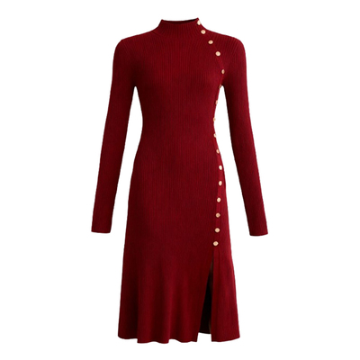 DPLAY红色连衣裙女春季新款长款开叉高级收腰修身针织裙子长裙