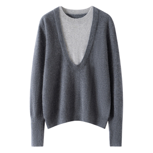 秋冬新款100%纯山羊绒深U圆领针织衫女宽松撞色假两件打底衫毛衣
