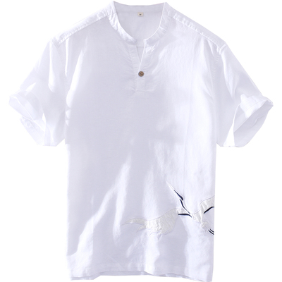 国潮立领休闲短袖棉麻衬衫