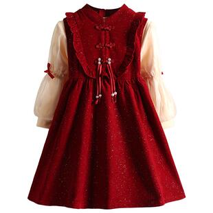 年服儿童加绒小香风马甲两件套2025秋冬新款女童红色公主裙子套装