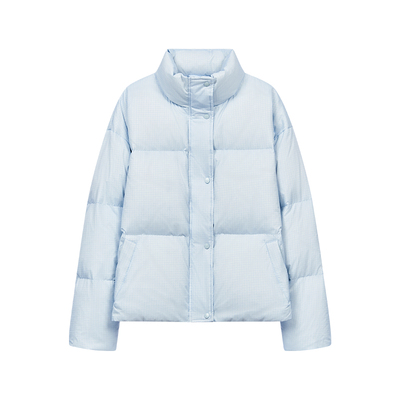 DOSORDONTS2025年秋冬新款简约蓝色细格纹立领面包羽绒服拉链外套