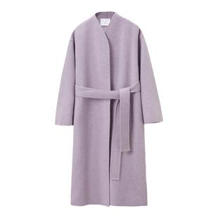 OVV秋冬新款女装杂花羊毛羊驼混纺随附腰带装饰长款大衣