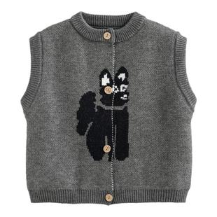 砚台家女童针织开衫背心春秋季儿童卡通猫咪马甲外穿毛衣宝宝上衣