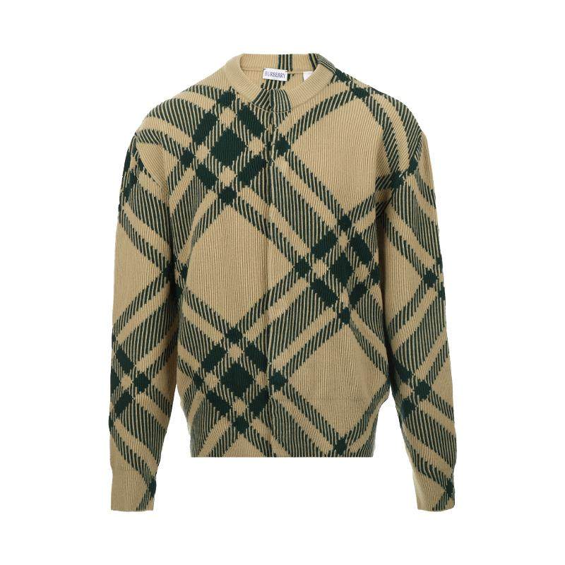 【自营】BURBERRY/博柏利男士宽松厚款格纹羊毛开衫外套针织毛衣