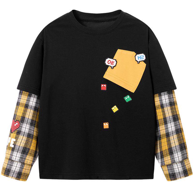 MINIPEACE太平鸟童装男童春装儿童长袖T恤假两件格子卡通上衣洋气