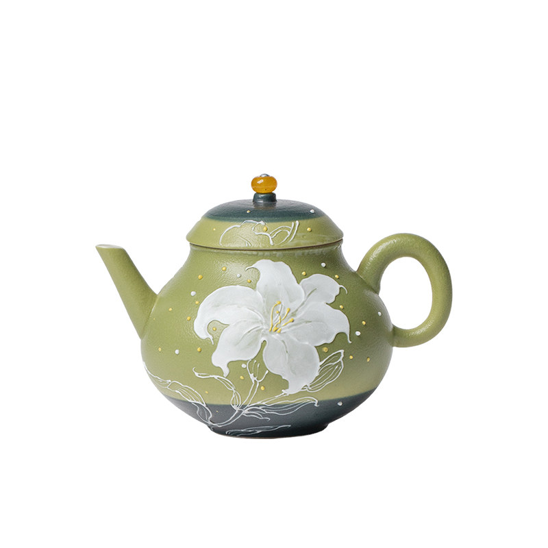 无落青野手绘白百合陶瓷茶具套装小清新一壶一杯家用一人饮礼盒装