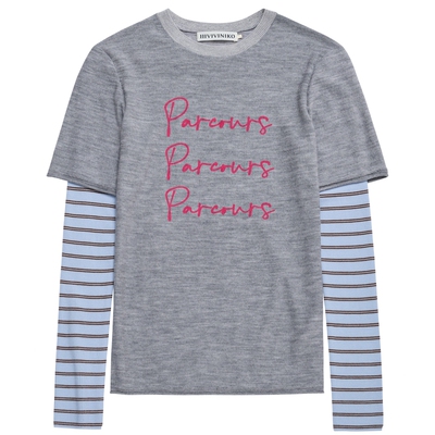 IIIVIVINIKO2025秋装新款休闲廓形假两件圆领印花长袖T恤女装