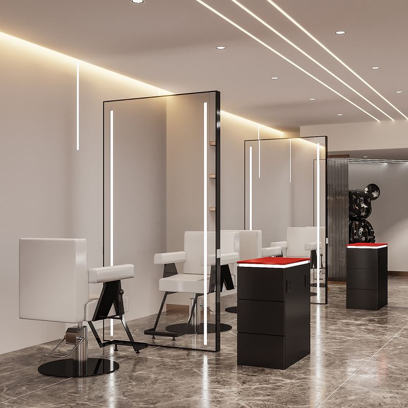 新款网红美发店镜台单双面落地镜理髲店美发镜子发廊专用带灯落地