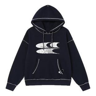 CryingCenter 条纹小花蕾丝印花抓绒连帽合身中短款卫衣 哭喊中心