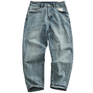 31°蓝百搭简约牛仔裤男美式休闲复古做旧水洗猫须刷白微锥长裤潮