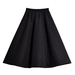 黑色菱格绗缝夹棉A字半身裙女冬季保暖加棉加厚裙子日系复古半裙