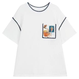 KEIKO [100%棉] 贝壳包边绣白色短袖t恤25夏季文艺风宽松半袖上衣