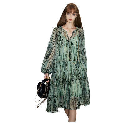 dfvc法式风A型豹纹波点V领连衣裙