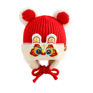 宝宝帽子秋冬季红色喜庆婴儿醒狮帽新年婴幼儿冬季儿童针织护耳帽